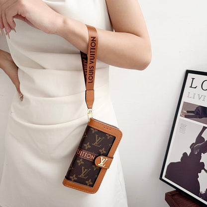 Leather Flip Monogram iPhone Case With Card Holder And Strap 12-18 Pro & Pro Max