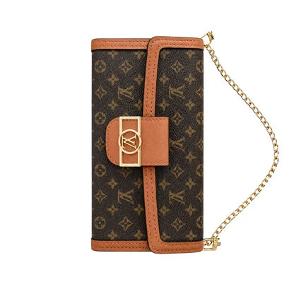 Luxury Leather Monogram iPhone Case With Flip Wallet And Crossbody Strap for iPhone 12-18 Pro & Pro Max