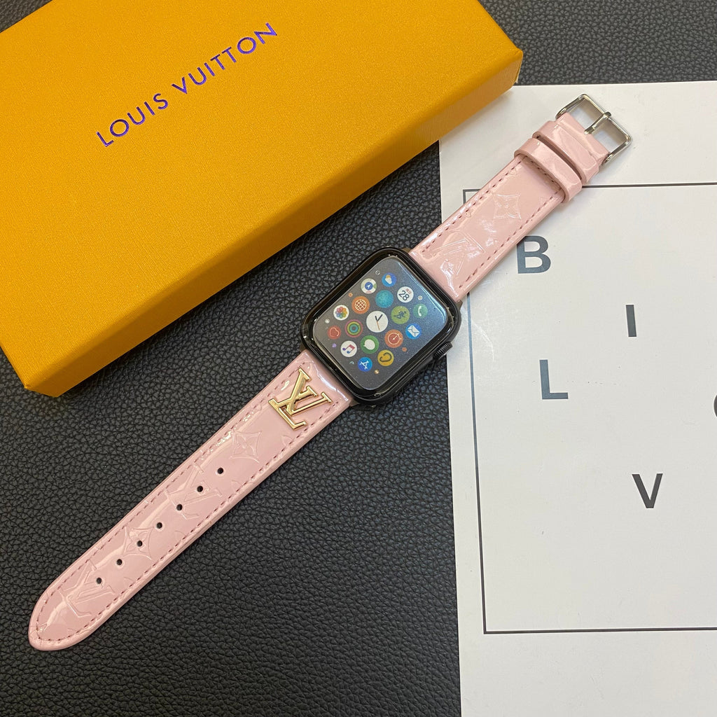 GLOSSY LEATHER APPLE WATCH STRAP LUXURY METAL LOGO Roxy New 2