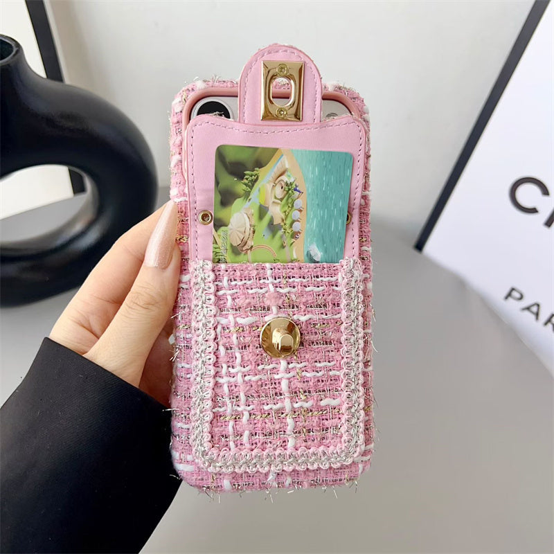 Luxury Tweed Designer iPhone Case with Scarf Chain for iPhone 13-18 Pro & Pro Max