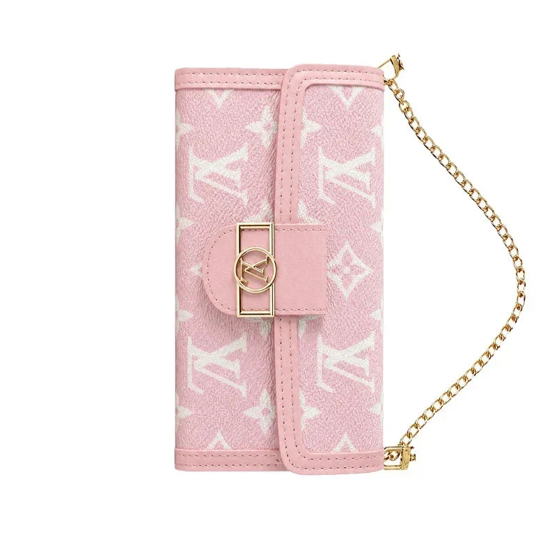 Luxury Leather Monogram iPhone Case With Flip Wallet And Crossbody Strap for iPhone 12-18 Pro & Pro Max
