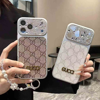 Luxury Case With Rhinestone Picture Frame And Snowflake Beaded Wrist Strap For iPhone