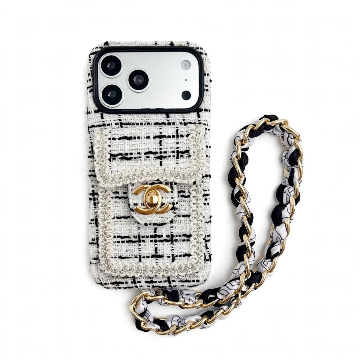 Luxury Tweed Designer iPhone Case with Scarf Chain for iPhone 13-18 Pro & Pro Max