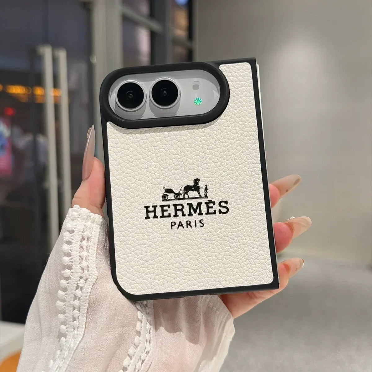 Luxury Textured Hermes Leather Logo Printed Case for iPhone Duo