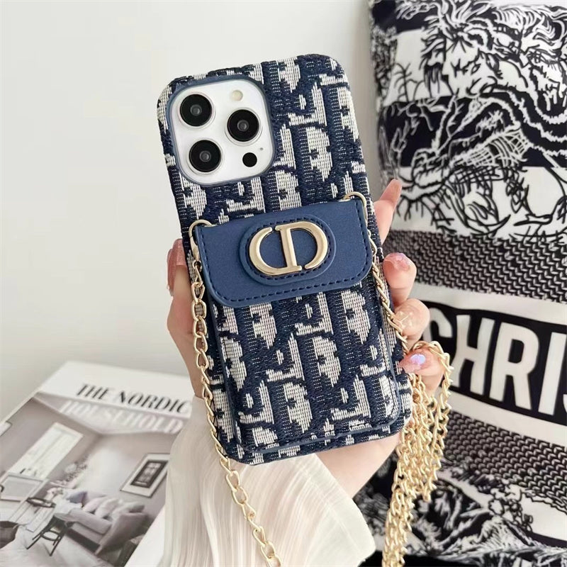 Dior Luxury iPhone Case with Chain, Card Slot, and Metal Logo Roxy New 2