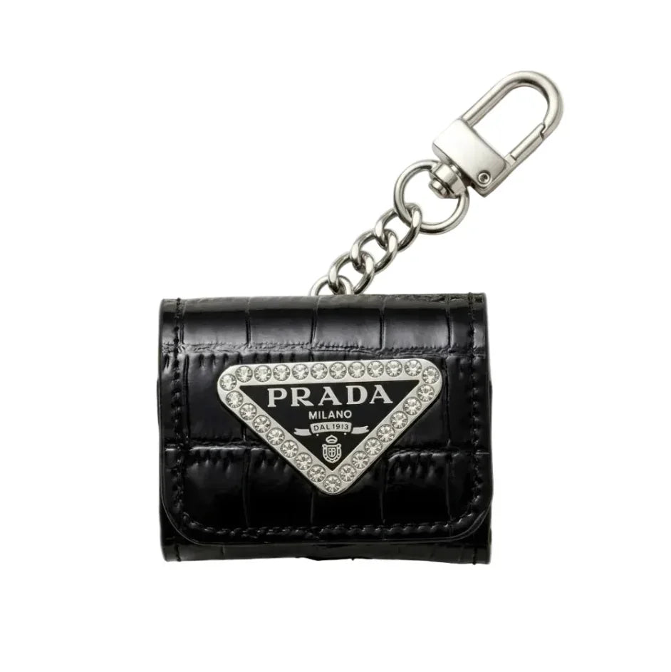 Luxury Prada Leather AirPods Case Black with Emblem & Keychain