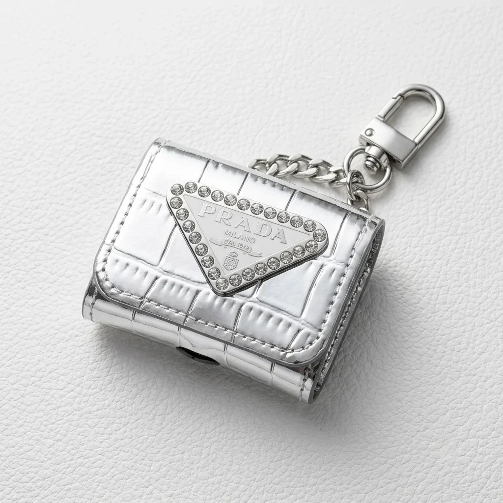 Luxury Prada Leather AirPods Case Silver with Emblem & Keychain