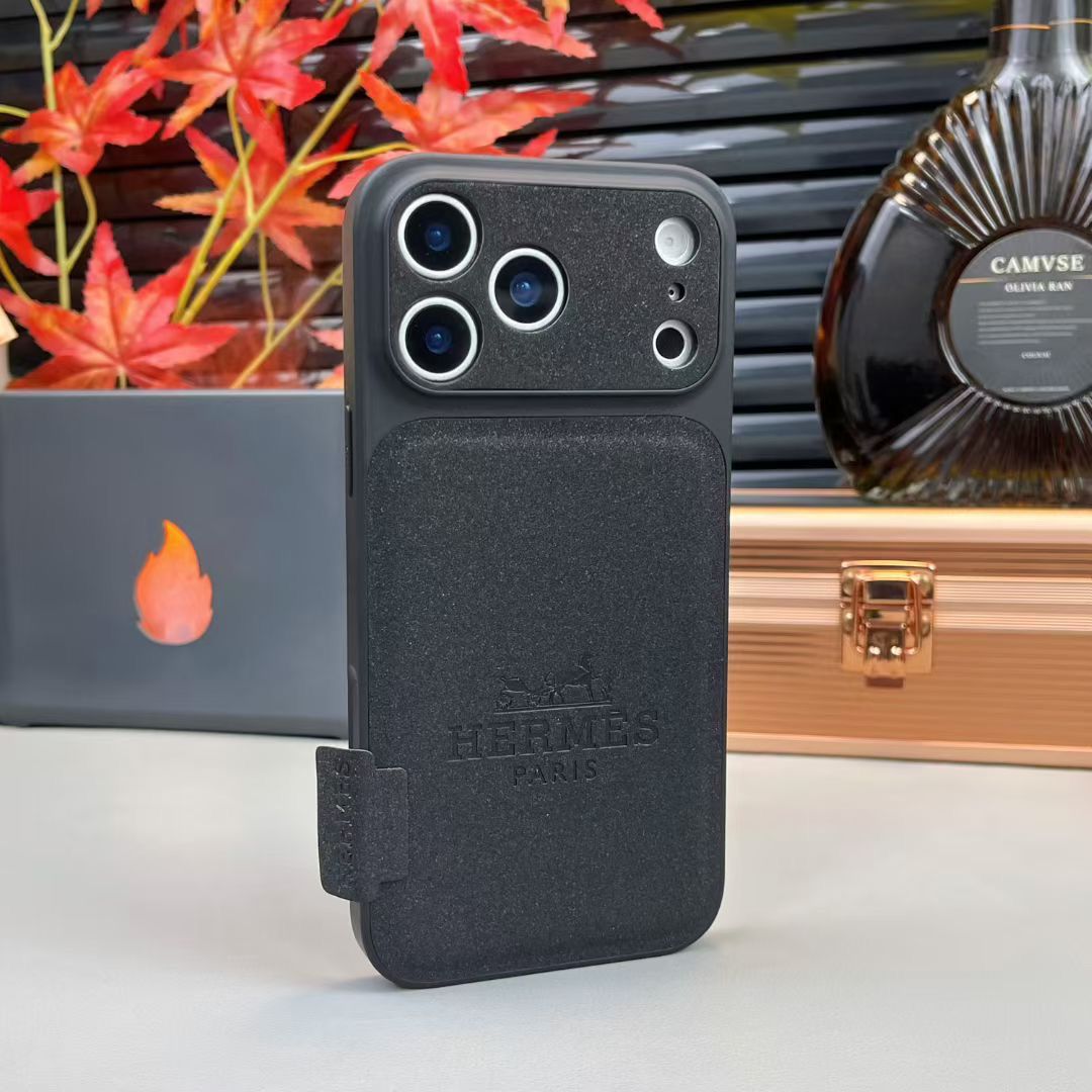 Luxury Black Leather iPhone Case featuring a sleek built-in card slot and high-quality finish