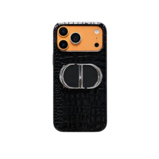 Luxury Dior Croc Case - Black Leather with Metal Bracket - iPhone 12-18 Pro & Pro Max