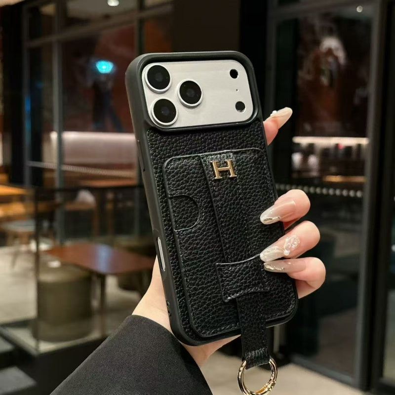 Luxury Pebbled Leather Case with Ring Hook - iPhone 13-18 Pro & Pro Max