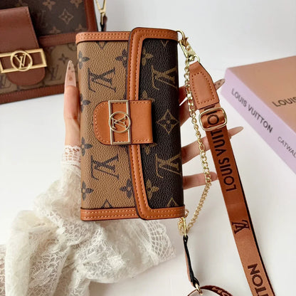 Luxury Leather Monogram iPhone Case With Flip Wallet And Crossbody Strap for iPhone 12-18 Pro & Pro Max