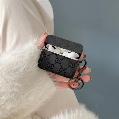 Gucci-Inspired Matte Black GG Monogram Case with Keychain for AirPods Series