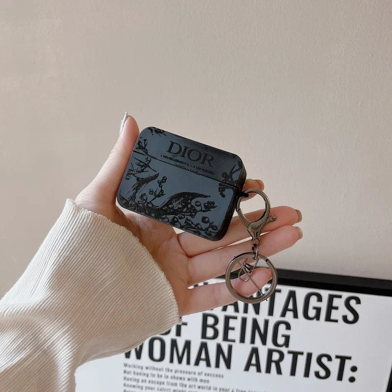 Dior-Inspired Matte Floral Embossed Case with Keychain for AirPods Series